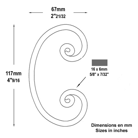 Volute noyaux en C H117mm 16x6mm Volute extrmit noyau Volute