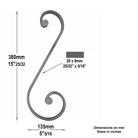 Volute noyaux en S H380mm 20x8mm Volute extrmit noyau Volute