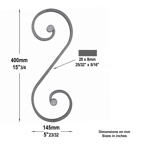 Volute noyaux en S H400mm 20x8mm Volute extrmit noyau Volute