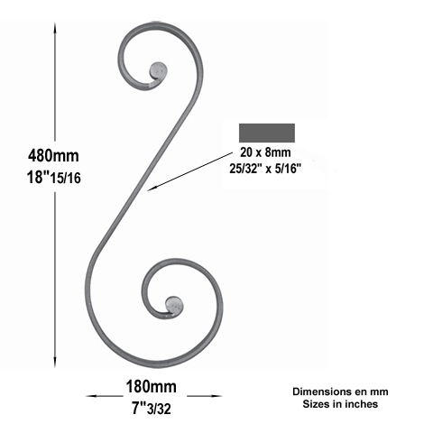 Volute noyaux en S H480mm 20x8mm Volute extrmit noyau Volute