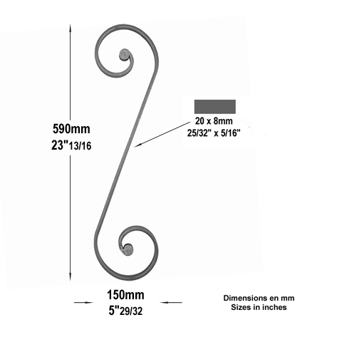 Volute noyaux en S H590mm 20x8mm Volute extrmit noyau Volute