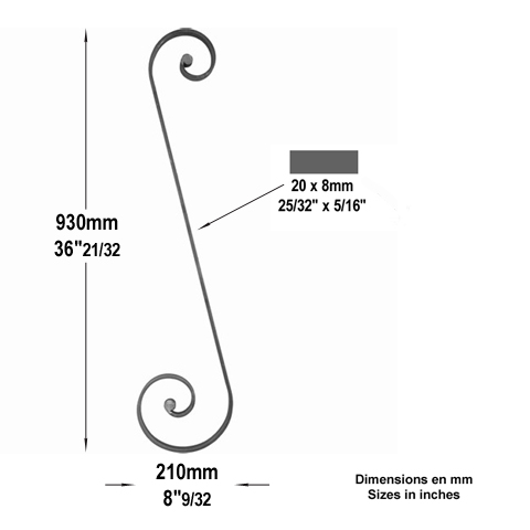 Volute noyaux en S H930mm 20x8mm Volute extrmit noyau Volute