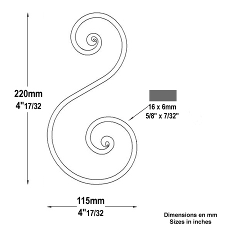 Volute noyaux en S H220mm 16x6mm Volute extrmit noyau Volute