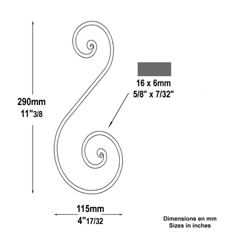 Volute noyaux en S H290mm 16x6mm Volute extrmit noyau Volute