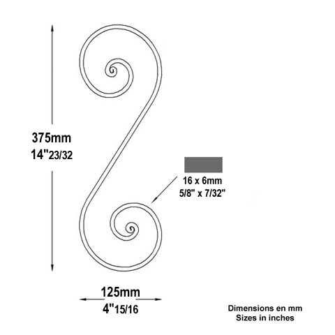 Volute noyaux en S H375mm 16x6mm Volute extrmit noyau Volute