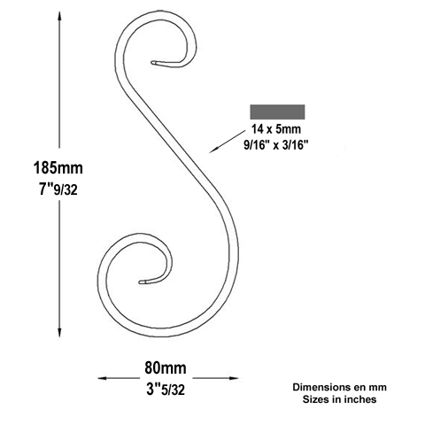 Volute alu en S H185mm 14x5mm Aluminium extr patte d`oie Volute