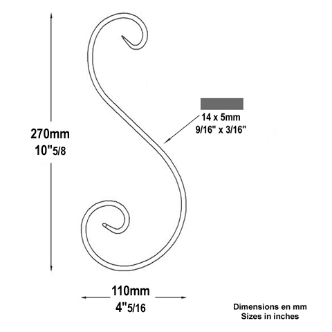 Volute alu en S H270mm 14x5mm Aluminium extr patte d`oie Volute