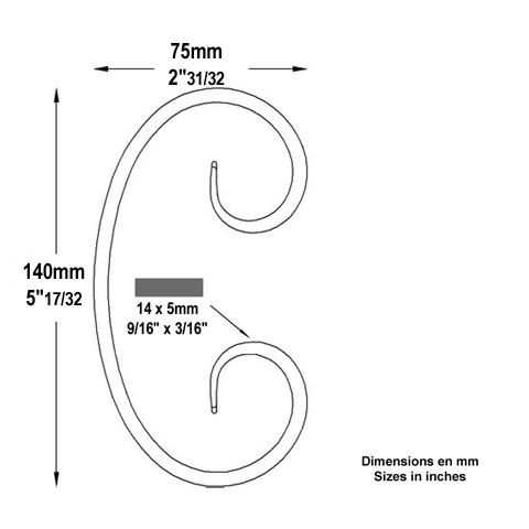 Volute alu en C H140mm 14x5mm Aluminium extr patte d`oie Volute