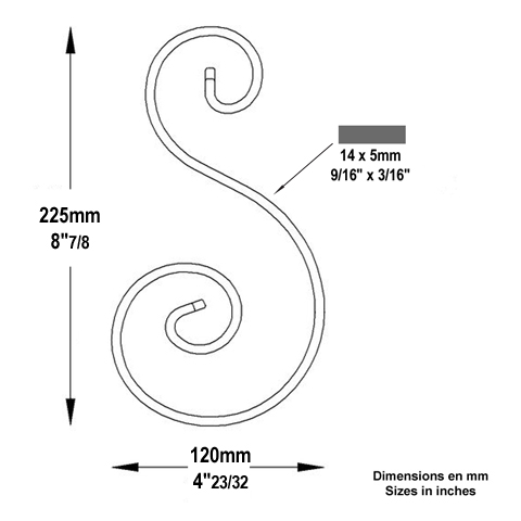 Volute alu en S H225mm 14x5mm Aluminium extrmit lisse Volute