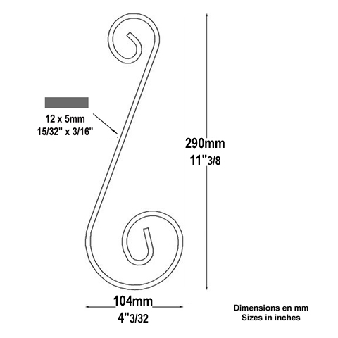 Volute alu en S H290mm 12x5mm Aluminium extrmit lisse Volute