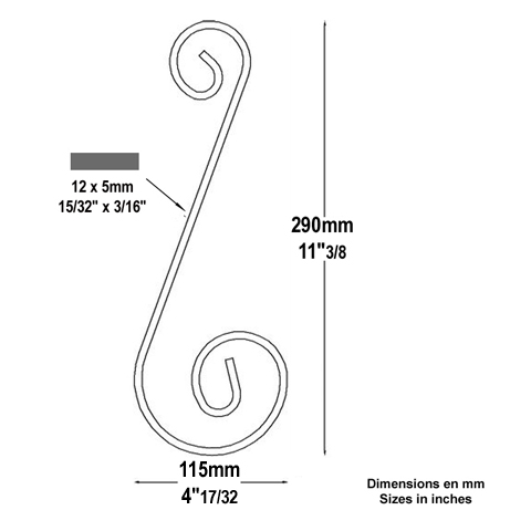 Volute alu en S H290mm 12x5mm Aluminium extrmit lisse Volute