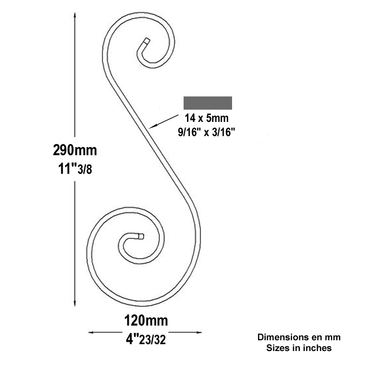 Volute alu en S H290mm 14x5mm Aluminium extrmit lisse Volute