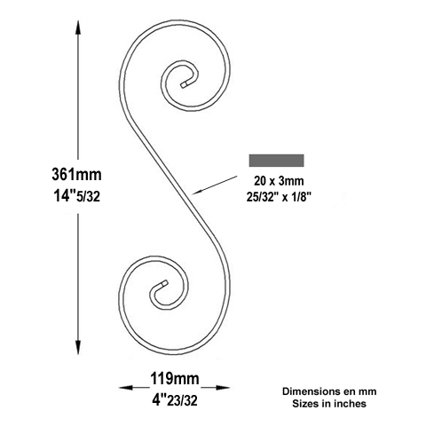 Volute alu en S H361mm 20x3mm Aluminium extrmit lisse Volute