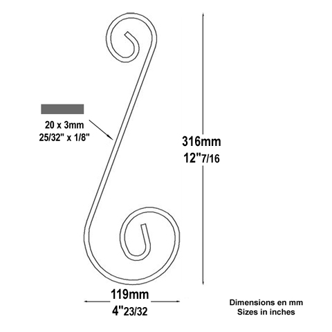 Volute alu en S H316mm 20x3mm Aluminium extrmit lisse Volute