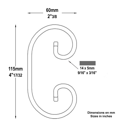 Volute alu en C H115mm 14x5mm Aluminium extrmit lisse Volute