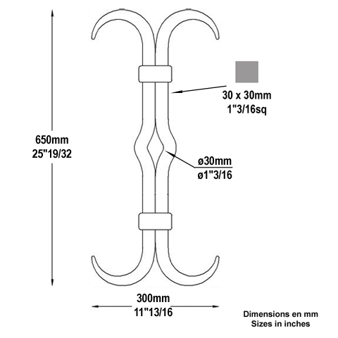 Tirant acier H650x300mm 30x30mm Tirant D30 Clef de tirant