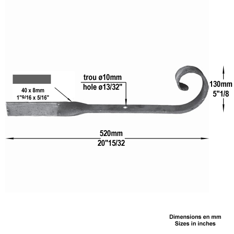 Crosse forge H520mm 40x8mm Grande section Crosse