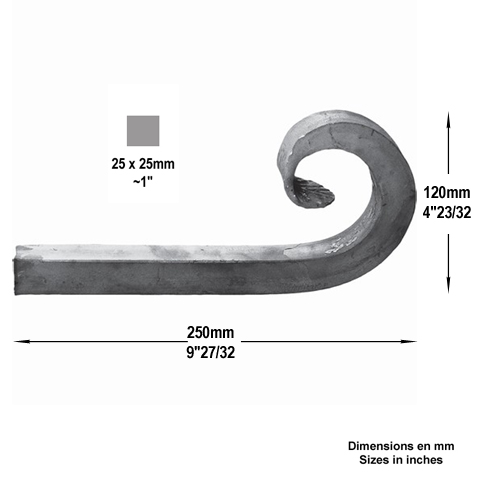 Crosse forge H250mm 25x25mm Grande section Crosse