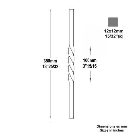 Balustre torsad H350mm 12x12mm Acier torsad Balustre