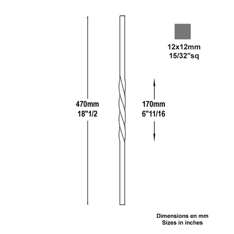 Balustre torsad H470mm 12x12mm Acier torsad Balustre