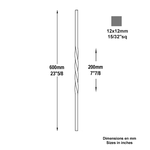 Balustre torsad H600mm 12x12mm Acier torsad Balustre