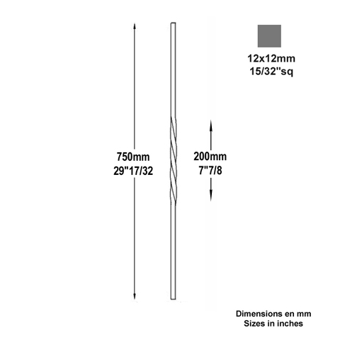 Balustre torsad H750mm 12x12mm Acier torsad Balustre