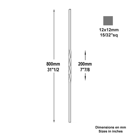 Balustre torsad H800mm 12x12mm Acier torsad Balustre