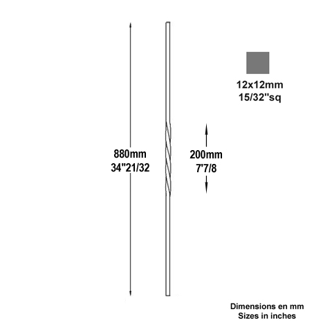 Balustre torsad H880mm 12x12mm Acier torsad Balustre