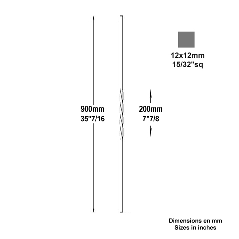 Balustre torsad H900mm 12x12mm Acier torsad Balustre