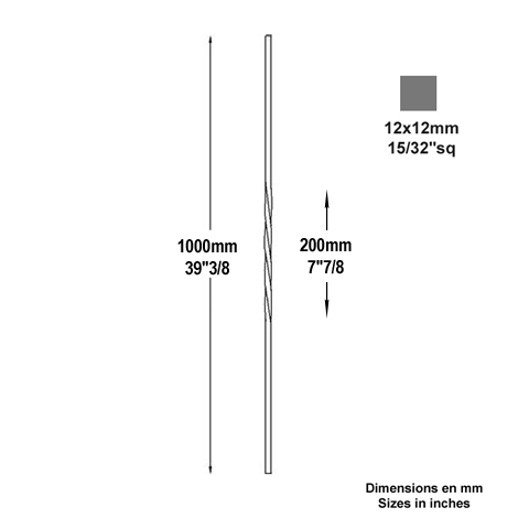 Balustre torsad H1000mm 12x12mm Acier torsad Balustre