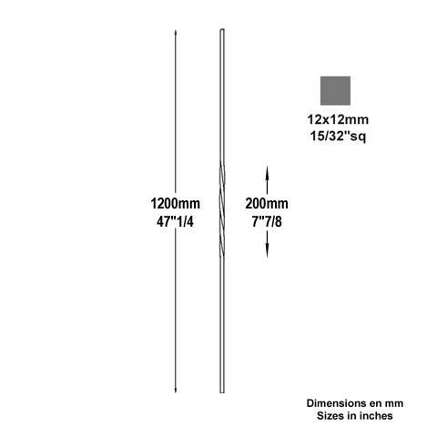 Balustre torsad H1200mm 12x12mm Acier torsad Balustre