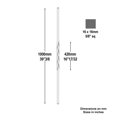 Balustre torsad H1000mm 16x16mm Acier torsad Balustre