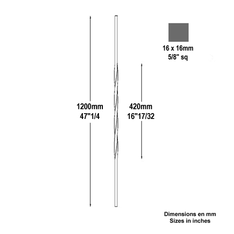 Balustre torsad H1200mm 16x16mm Acier torsad Balustre