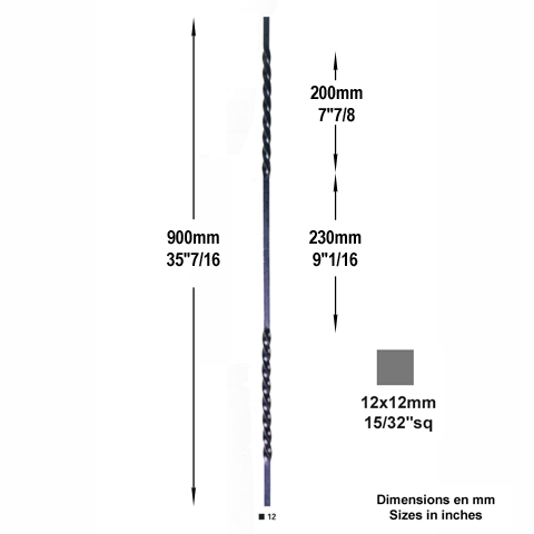 Balustre 2 torsades H900mm 12x12mm Acier torsad Balustre