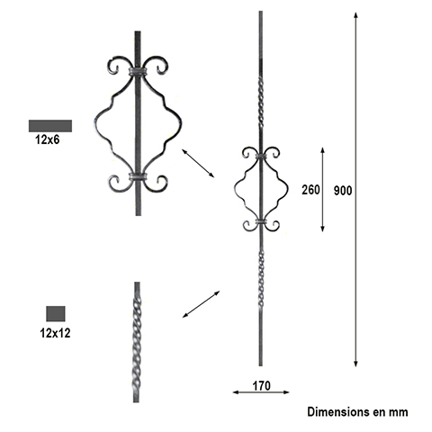 Balustre assembl H900mm 12x12mm Acier assembl Balustre