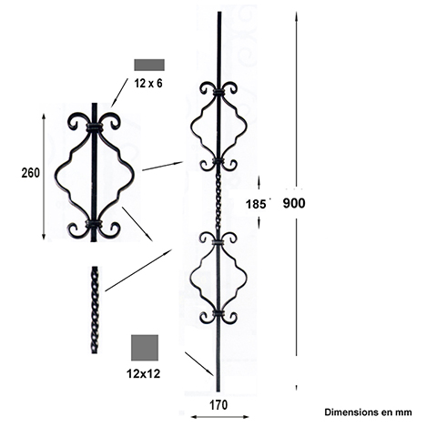 Balustre assembl H900mm 12x12mm Acier assembl Balustre