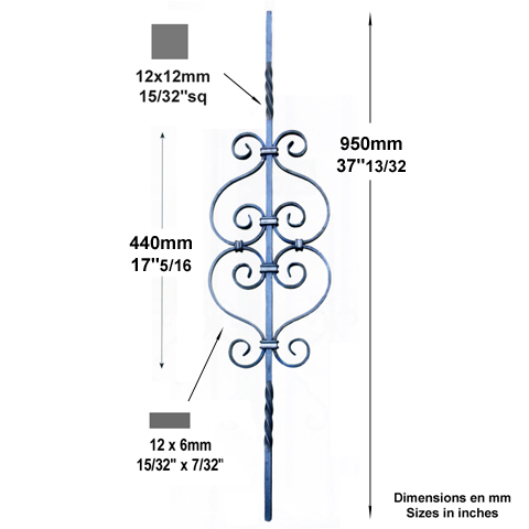 Balustre assembl H950mm 12x12mm Acier assembl Balustre