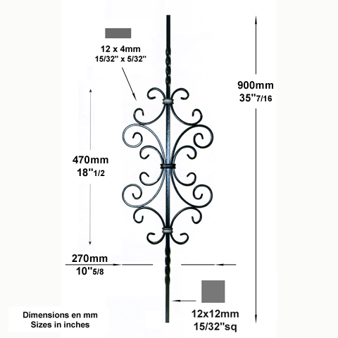 Balustre assembl H900mm 12x12mm Acier assembl Balustre