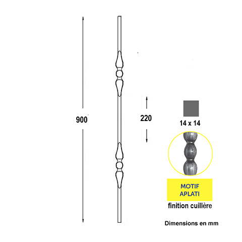 Balustre forg H900mm 14x14mm Acier forg Balustre