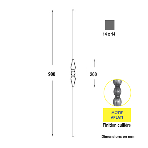 Balustre forg H900mm 14x14mm Acier forg Balustre