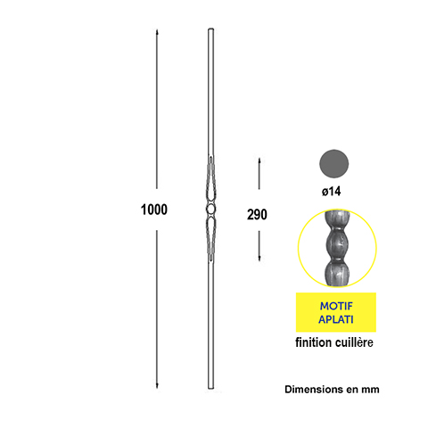 Balustre forg H1000mm 14mm Acier forg Balustre