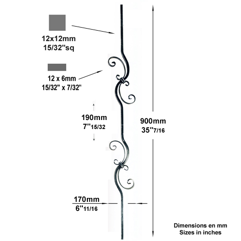 Balustre assembl H900mm 12x12mm Acier assembl Balustre