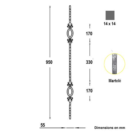 Balustre martel H950mm 14x14 Acier martel Balustre