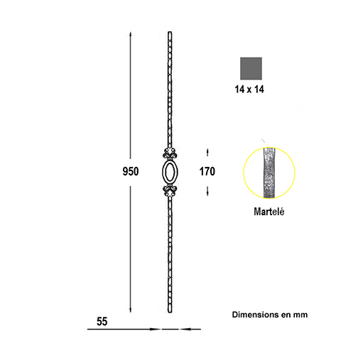 Balustre martel H950mm 14x14mm Acier martel Balustre