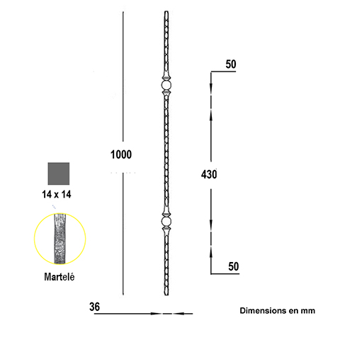 Balustre forg H950mm 14x14mm Acier martel Balustre