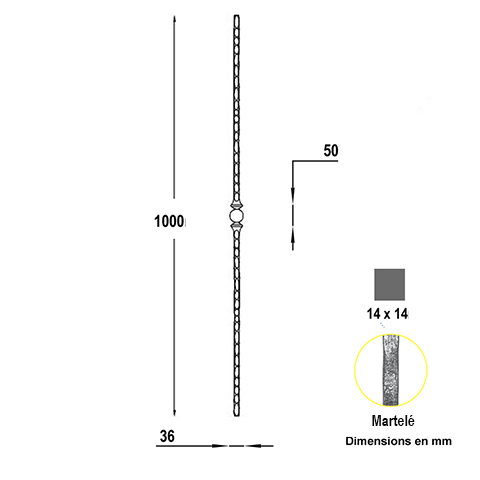 Balustre forg H1000mm 14x14mm Acier martel Balustre