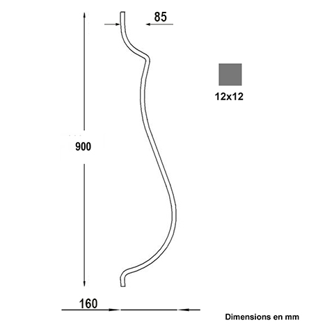 Balustre 2 galbes H900mm 12x12mm Acier galb Balustre