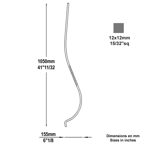 Balustre galb H1050mm 12x12mm Acier galb Balustre