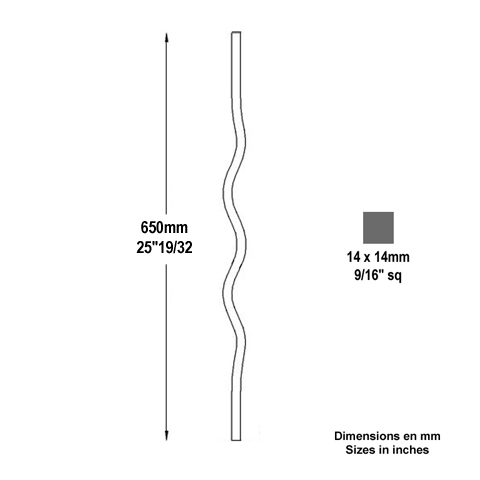 Balustre ondul H650mm 14x14mm Acier ondul Balustre