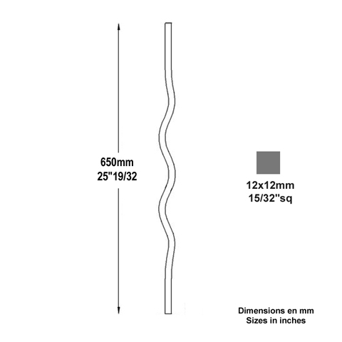 Balustre ondul H650mm 12x12mm Acier ondul Balustre